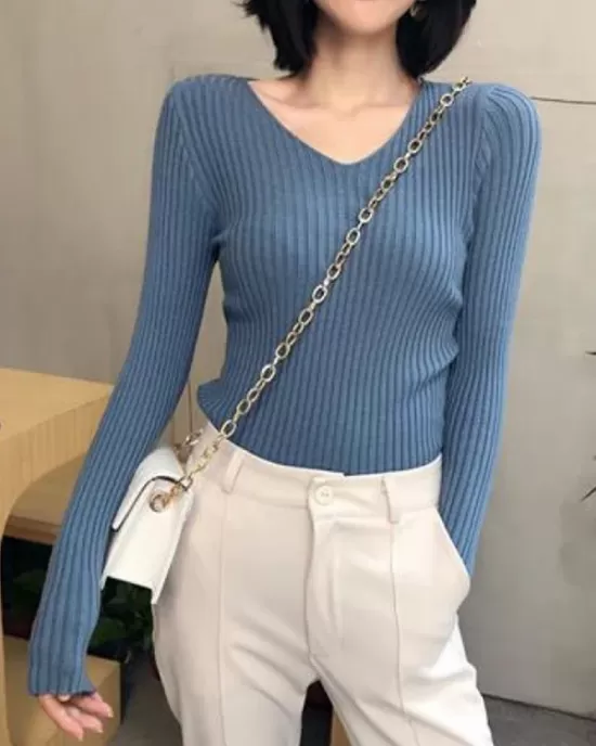 Casual Skinny Long Sleeves Solid Color V-Neck Pullovers