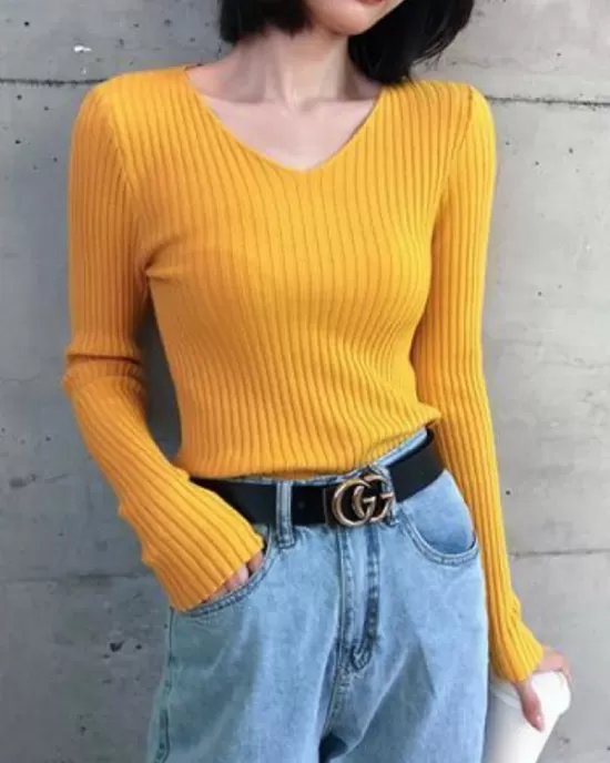 Casual Skinny Long Sleeves Solid Color V-Neck Pullovers