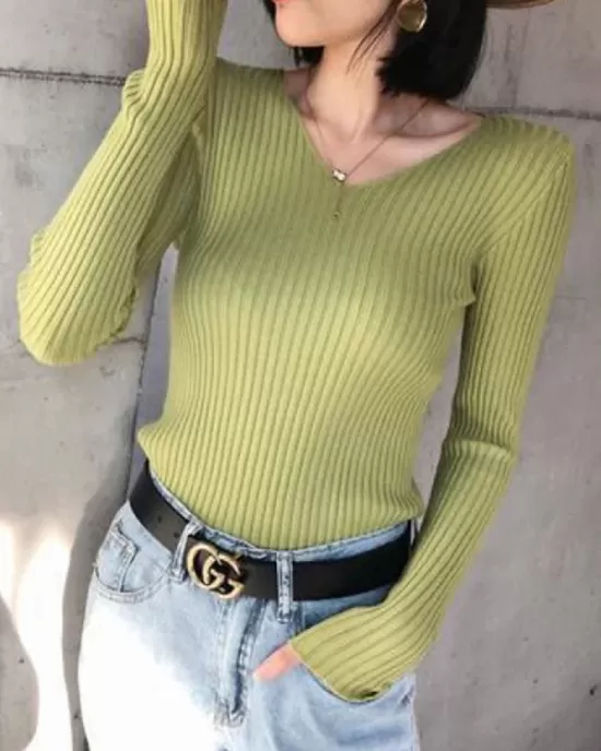 Casual Skinny Long Sleeves Solid Color V-Neck Pullovers