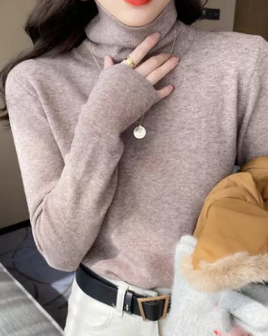 Simple Skinny Long Sleeves Solid Color High-Neck Pullovers