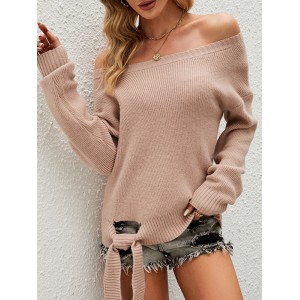 Casual Loose Long Sleeves Tied Solid Color Off-The-Shoulder Sweater Tops