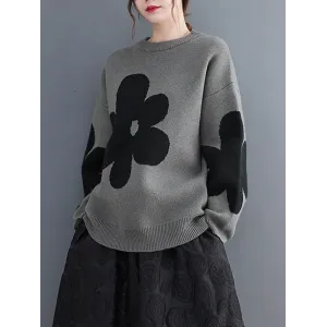 Casual Long Sleeves Loose Contrast Color Jacquard Round-Neck Pullovers