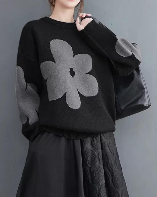 Casual Long Sleeves Loose Contrast Color Jacquard Round-Neck Pullovers