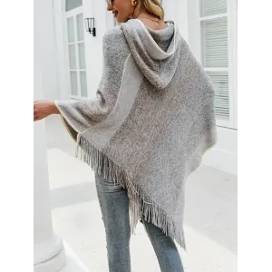 Casual Loose Striped Tasseled Hooded Cape