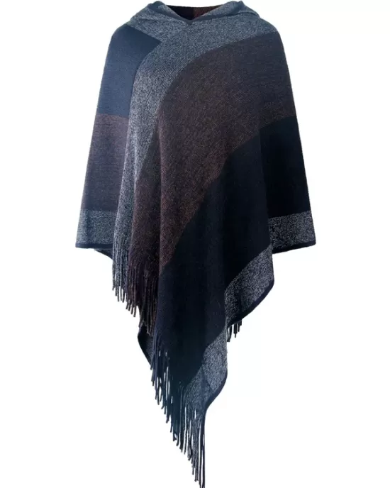 Casual Loose Striped Tasseled Hooded Cape