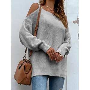 Long Sleeves Split-Side Solid Color Off-The-Shoulder Sweater Tops