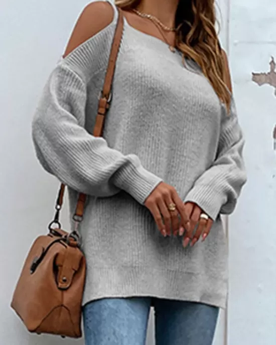 Long Sleeves Split-Side Solid Color Off-The-Shoulder Sweater Tops