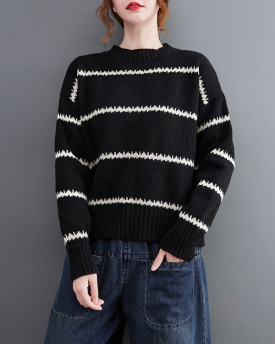 Casual Loose Long Sleeves Striped Round-Neck Sweater Tops