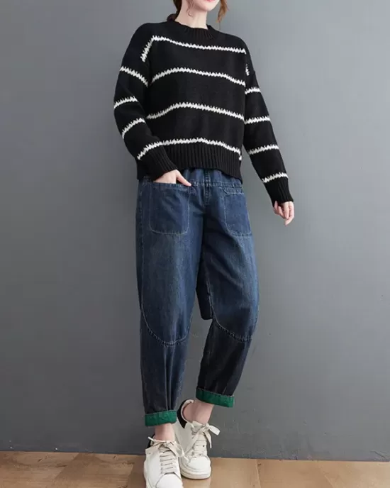 Casual Loose Long Sleeves Striped Round-Neck Sweater Tops