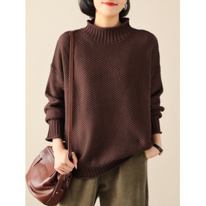 Casual Loose Long Sleeves Solid Color High-Neck Sweater Tops