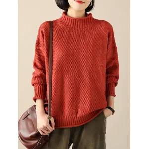 Casual Loose Long Sleeves Solid Color High-Neck Sweater Tops