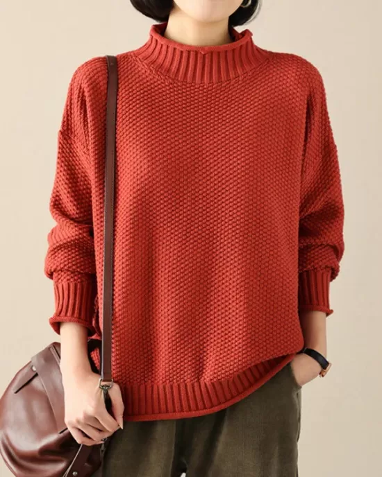 Casual Loose Long Sleeves Solid Color High-Neck Sweater Tops