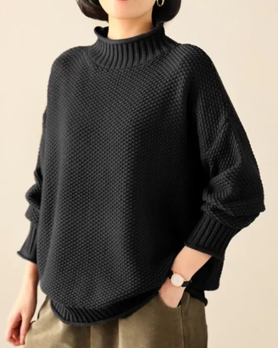 Casual Loose Long Sleeves Solid Color High-Neck Sweater Tops