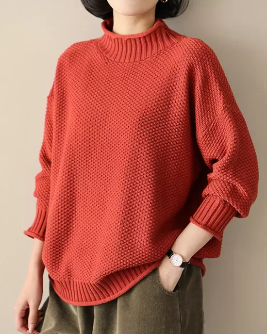 Casual Loose Long Sleeves Solid Color High-Neck Sweater Tops