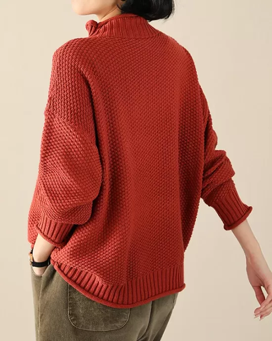 Casual Loose Long Sleeves Solid Color High-Neck Sweater Tops