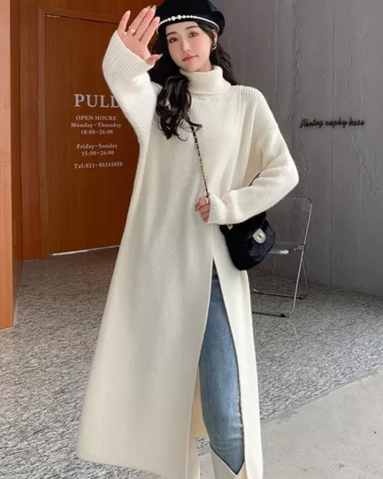 Stylish Long Sleeves Split-Front Solid Color High-Neck Sweater Tops