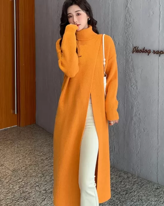 Stylish Long Sleeves Split-Front Solid Color High-Neck Sweater Tops