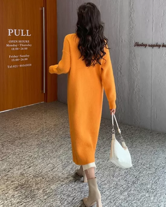 Stylish Long Sleeves Split-Front Solid Color High-Neck Sweater Tops