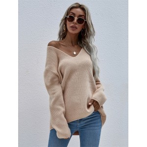 Casual Loose Solid Color V-Neck Sweater Tops