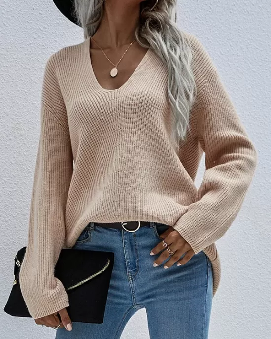 Casual Loose Solid Color V-Neck Sweater Tops