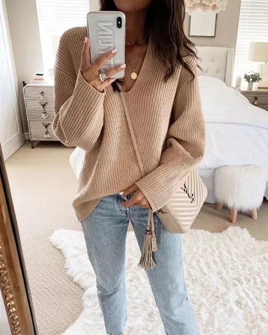 Casual Loose Solid Color V-Neck Sweater Tops