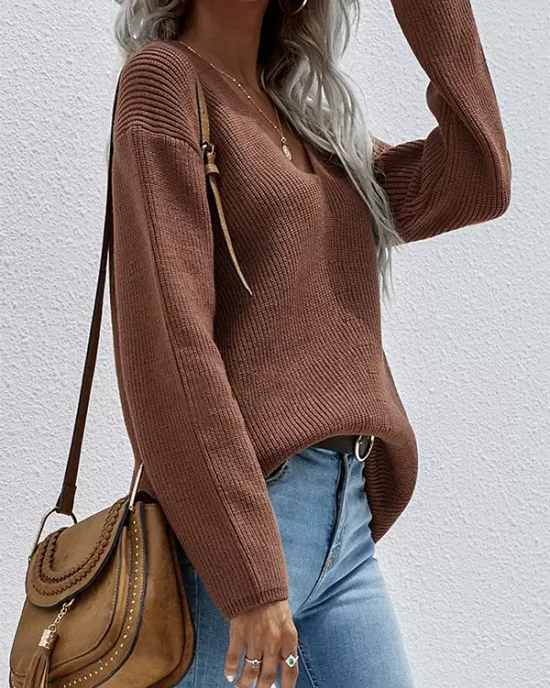 Casual Loose Solid Color V-Neck Sweater Tops