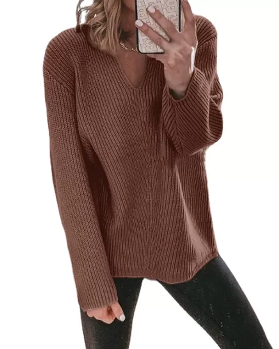 Casual Loose Solid Color V-Neck Sweater Tops