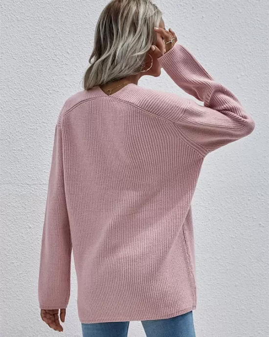 Casual Loose Solid Color V-Neck Sweater Tops