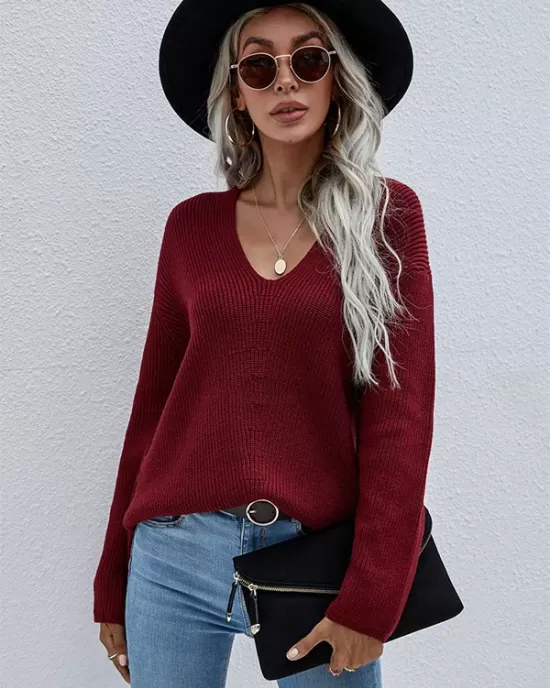 Casual Loose Solid Color V-Neck Sweater Tops