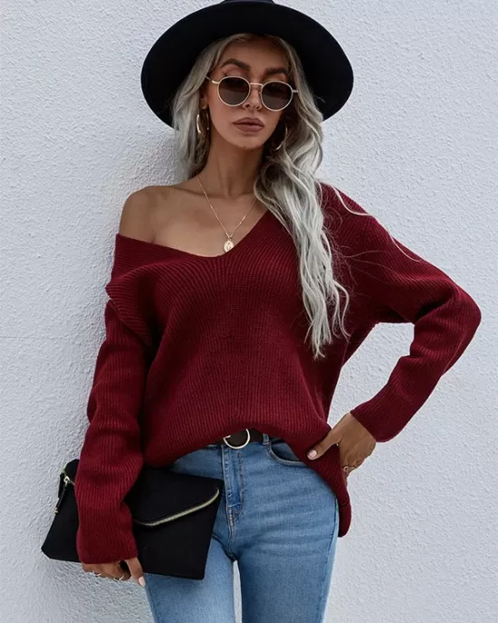 Casual Loose Solid Color V-Neck Sweater Tops