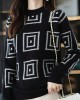 Casual Long Sleeves Loose Contrast Color Plaid Stand Collar Sweater Tops