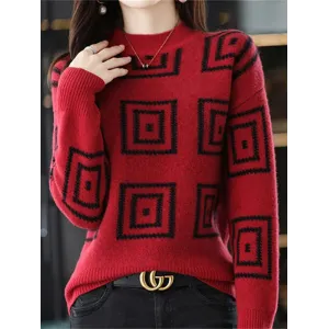 Casual Long Sleeves Loose Contrast Color Plaid Stand Collar Sweater Tops