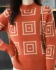 Casual Long Sleeves Loose Contrast Color Plaid Stand Collar Sweater Tops