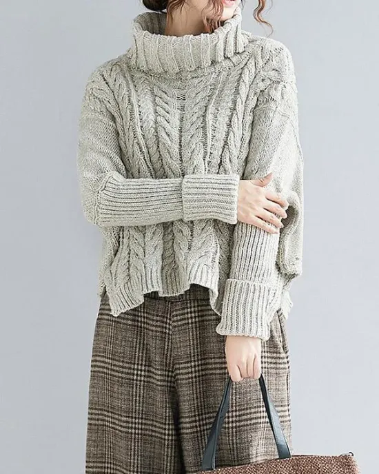 Cable- Knit High-neck Solid Loose Sweater