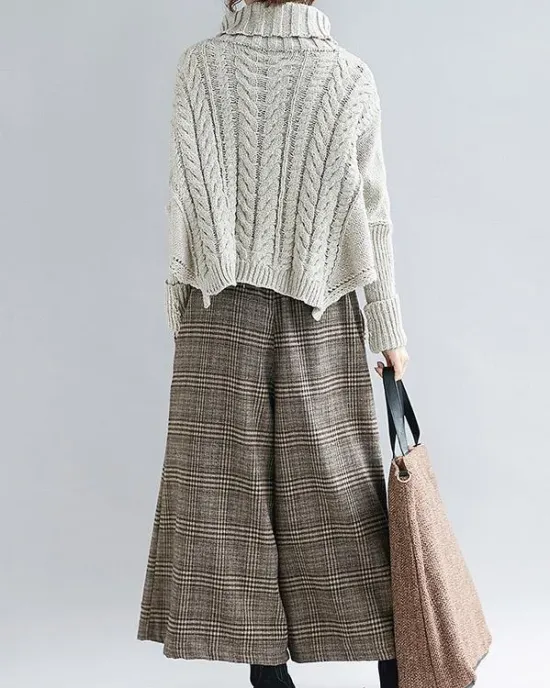 Cable- Knit High-neck Solid Loose Sweater