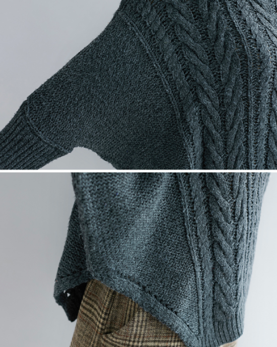 Cable- Knit High-neck Solid Loose Sweater