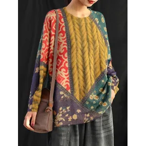 Ethnic Style Round Neck Print Sweater