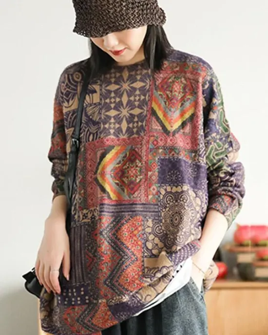 Ethnic Style Round Neck Print Sweater