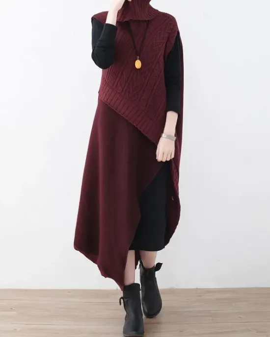 Casual Vintage Knitting High-Neck Sleeveless Dress