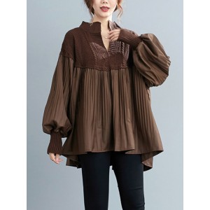 Stylish Knitting Split-Joint Puff Sleeve Shirt Pullover Top