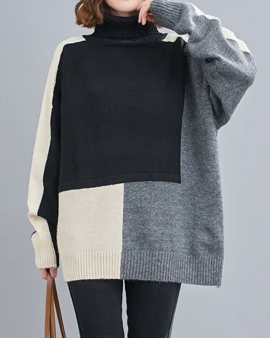 Stylish Split-Joint High-Neck Knitting Sweater