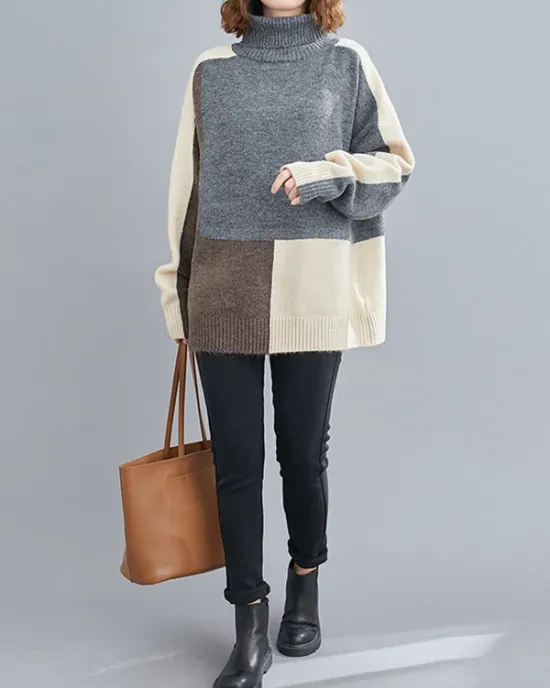 Stylish Split-Joint High-Neck Knitting Sweater