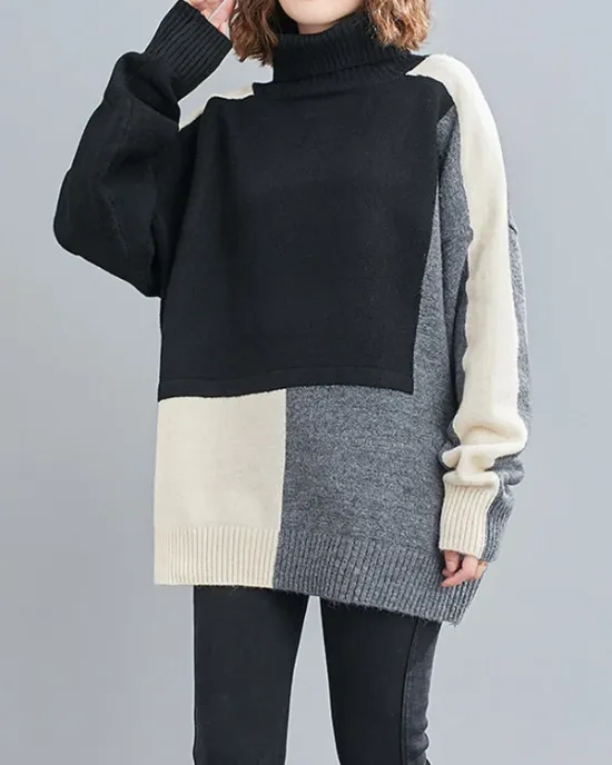 Stylish Split-Joint High-Neck Knitting Sweater