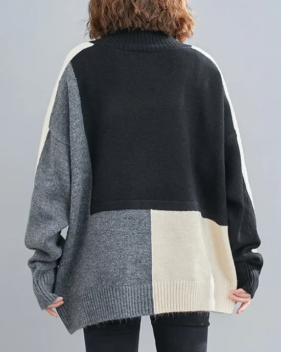 Stylish Split-Joint High-Neck Knitting Sweater