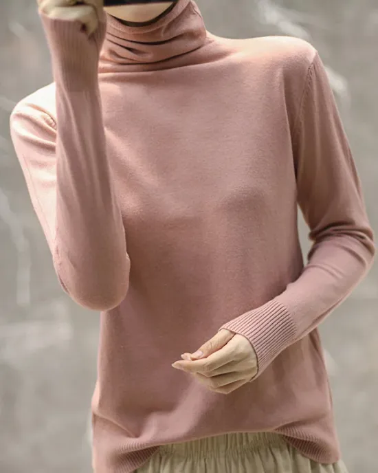 Solid Color Heaps Collar Long Sleeve Knitwear Tops