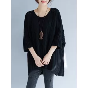 Vintage Loose Solid Color Round-Neck Batwing Half Sleeves Knitting Sweater