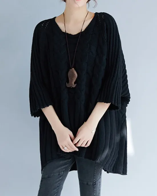 Vintage Loose Solid Color Round-Neck Batwing Half Sleeves Knitting Sweater