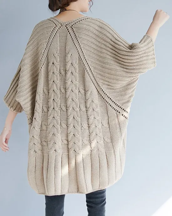 Vintage Loose Solid Color Round-Neck Batwing Half Sleeves Knitting Sweater