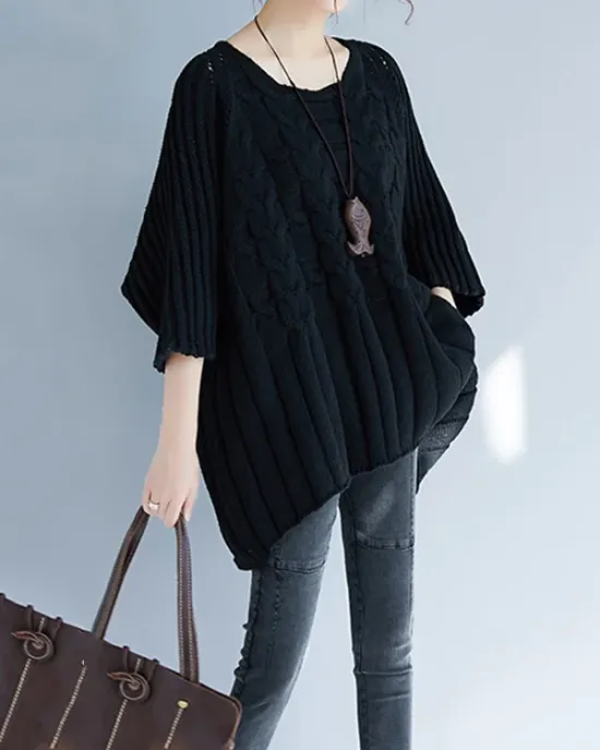 Vintage Loose Solid Color Round-Neck Batwing Half Sleeves Knitting Sweater