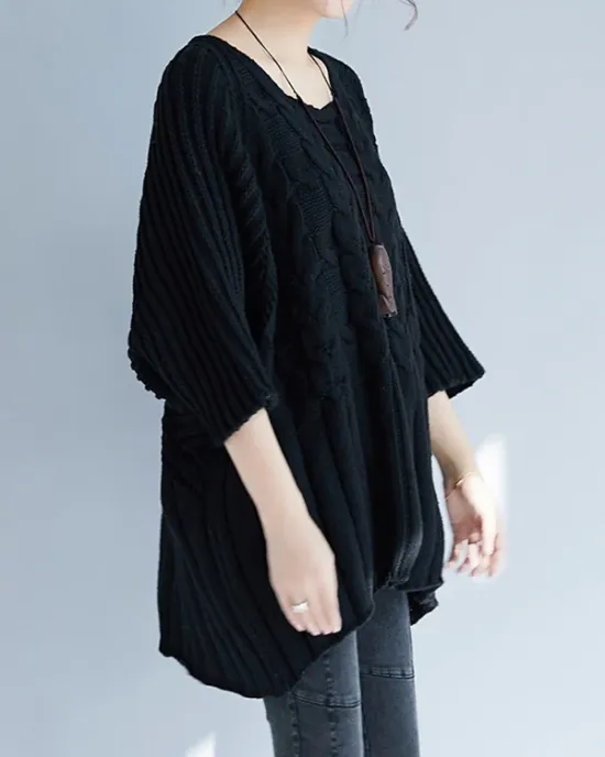 Vintage Loose Solid Color Round-Neck Batwing Half Sleeves Knitting Sweater